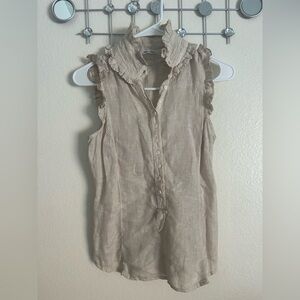 120% Lino Elegant Sleeveless Ruffle Blouse - Beige